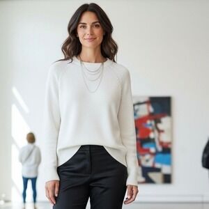 Quince White Crew Neck Raglan Sleeve Knit Soft Layering Elegant Sweater Size L